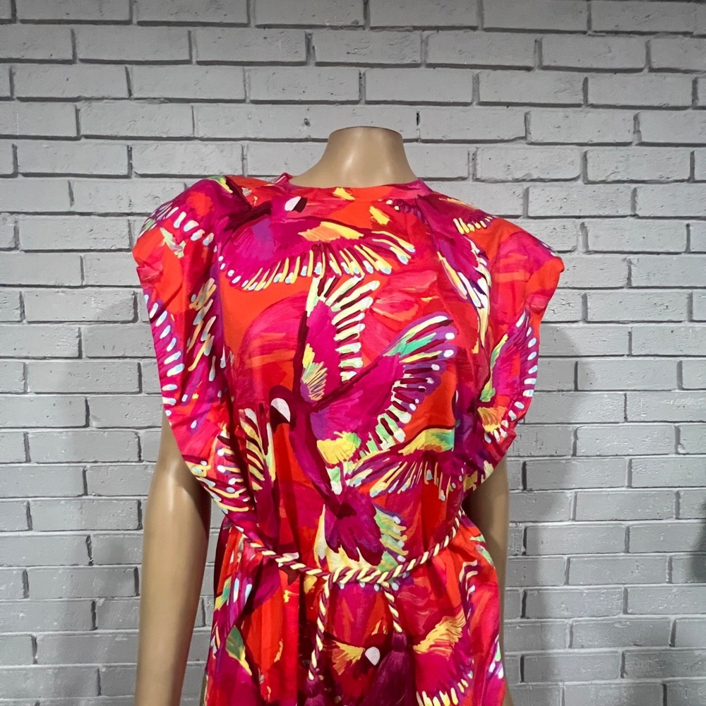 Farm Rio Flying Birds Orange Organic Cotton Jersey Mini Dress XL Padded Shoulder - Picture 2 of 9